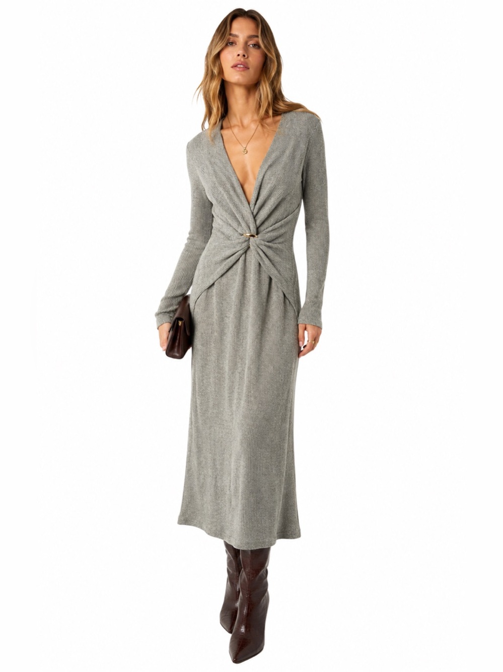 Acler Ribbed Knit Twist Front Midi Sweater Dress
